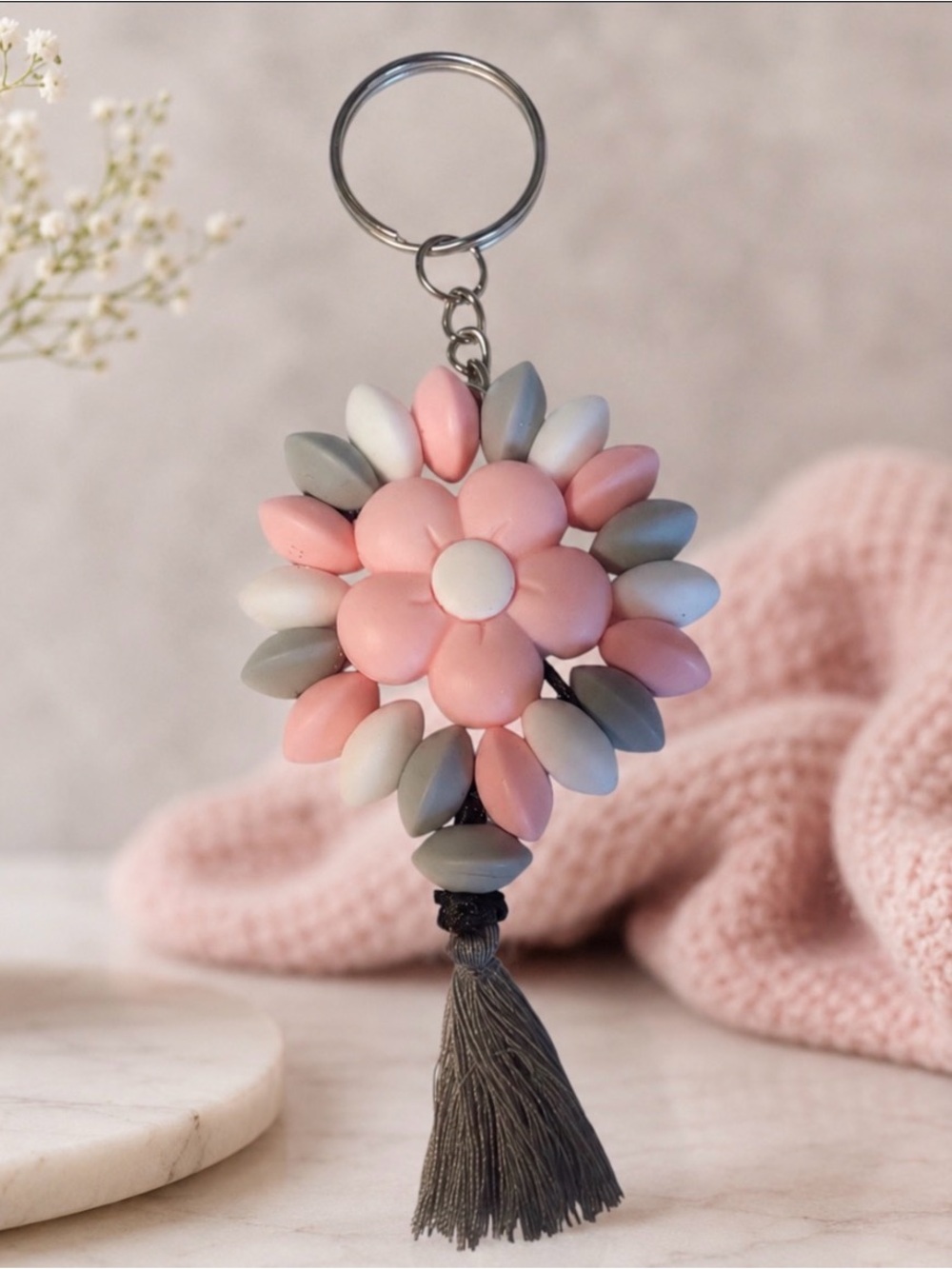 Handmade Pink & Gray Flower Tassel Keychain
